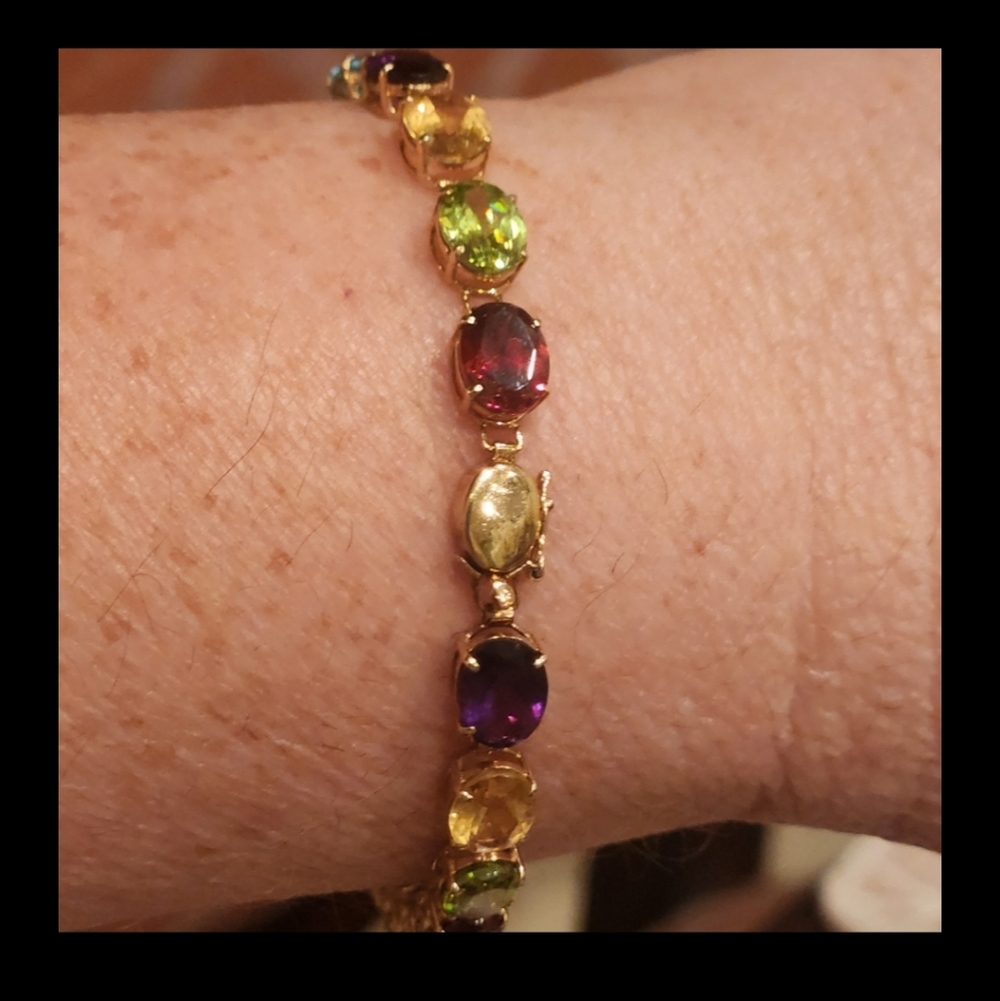 14k Solid Gold Multicolor Oval Gemstone Tennis Br… - image 4